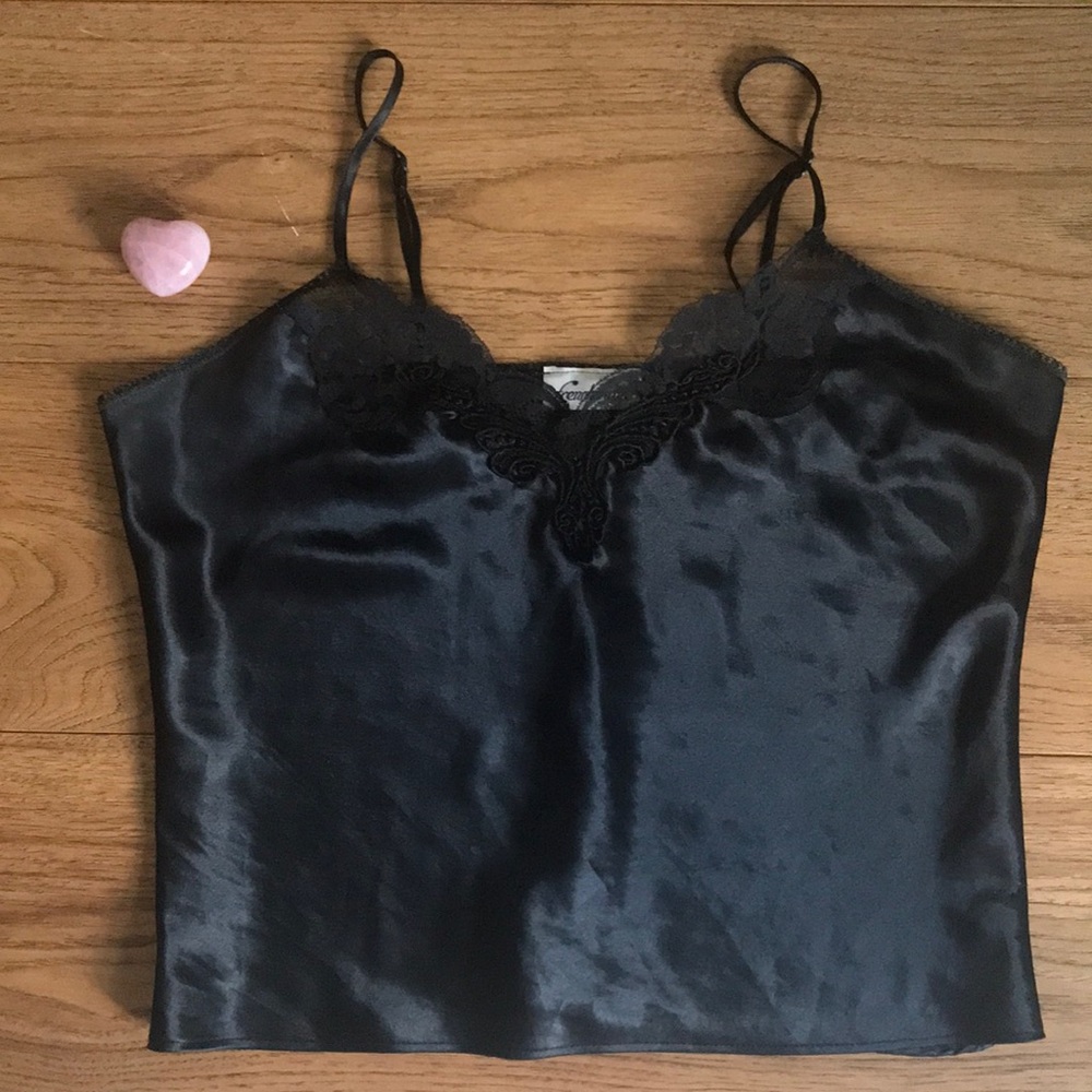 🇨🇦 FRENCH MAID | Vintage Black Satin & Lace Camisole Lingerie Tank Top Chemise